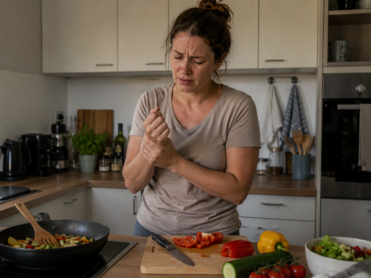 Frau fasst sich an das schmerzende Handgelenk